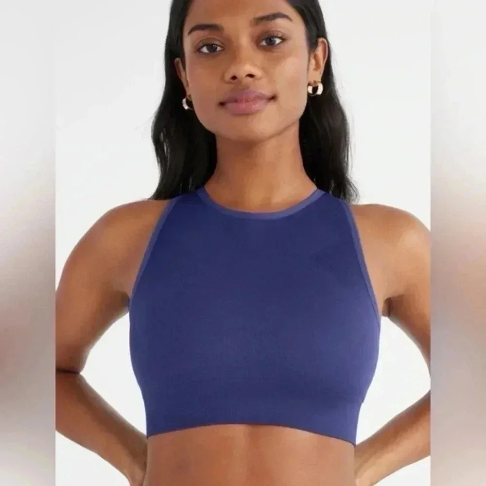 Knix High Neck Seamless Bra True Blue Cropped Stretch Athleisure Size Large - Picture 1 of 6